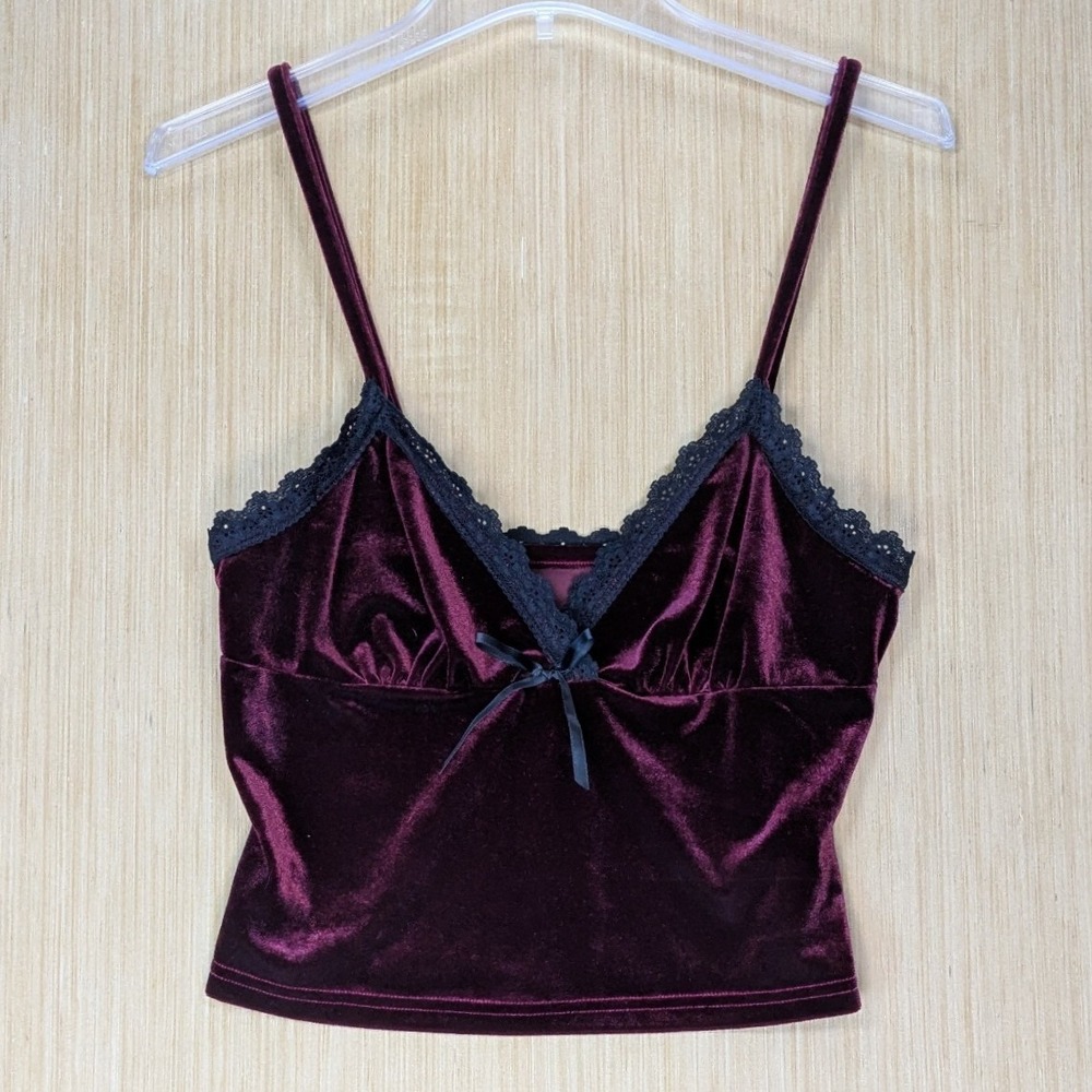 Womens Whimsygoth Witchy Romantic Velvet Lace Cami Top Burgundy Cropped Small